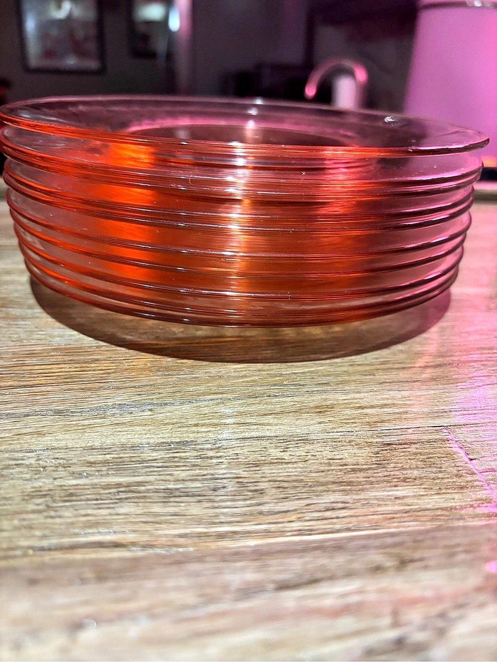VTG- Cambridge 8” set of 11 Pink Depression Plates. UV Glow
